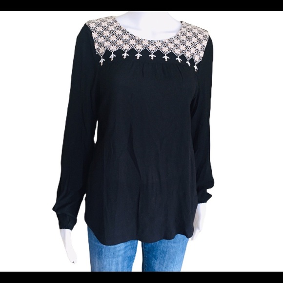 GAP Boho Embroidery Peasant Blouse With Long Sleeves Black/Ivory Size XS - Picture 5 of 15